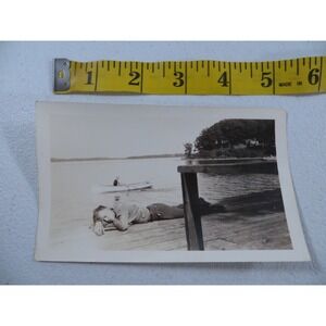 VTG 1940's 1950s Man Asleep On Dock Man In Row Boat B&W Snapshot Photo Gay Funny